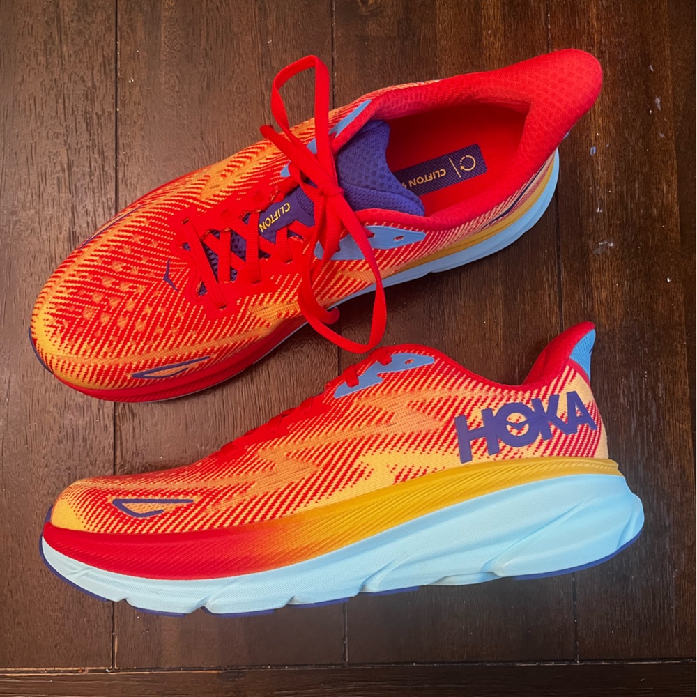 Hoka Clifton 9 Vibrant Red and Blue Athletic Shoes